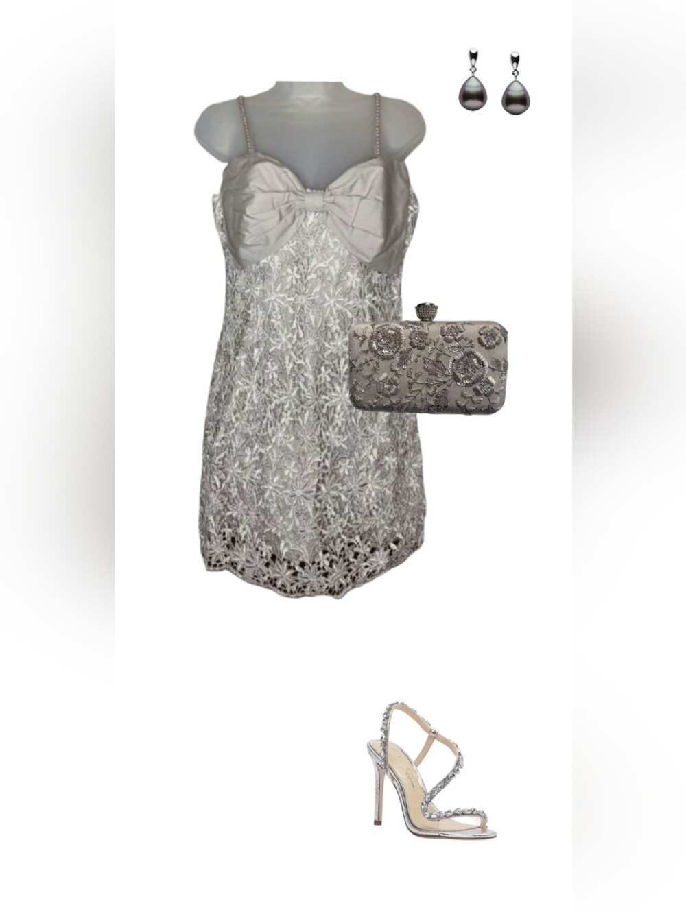 Silver Lace Bow Slip Mini Dress